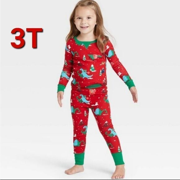 NWT 3T Holiday Dino Print Matching Family Pajama Set - Wondershop™ Red Unisex - Picture 1 of 6